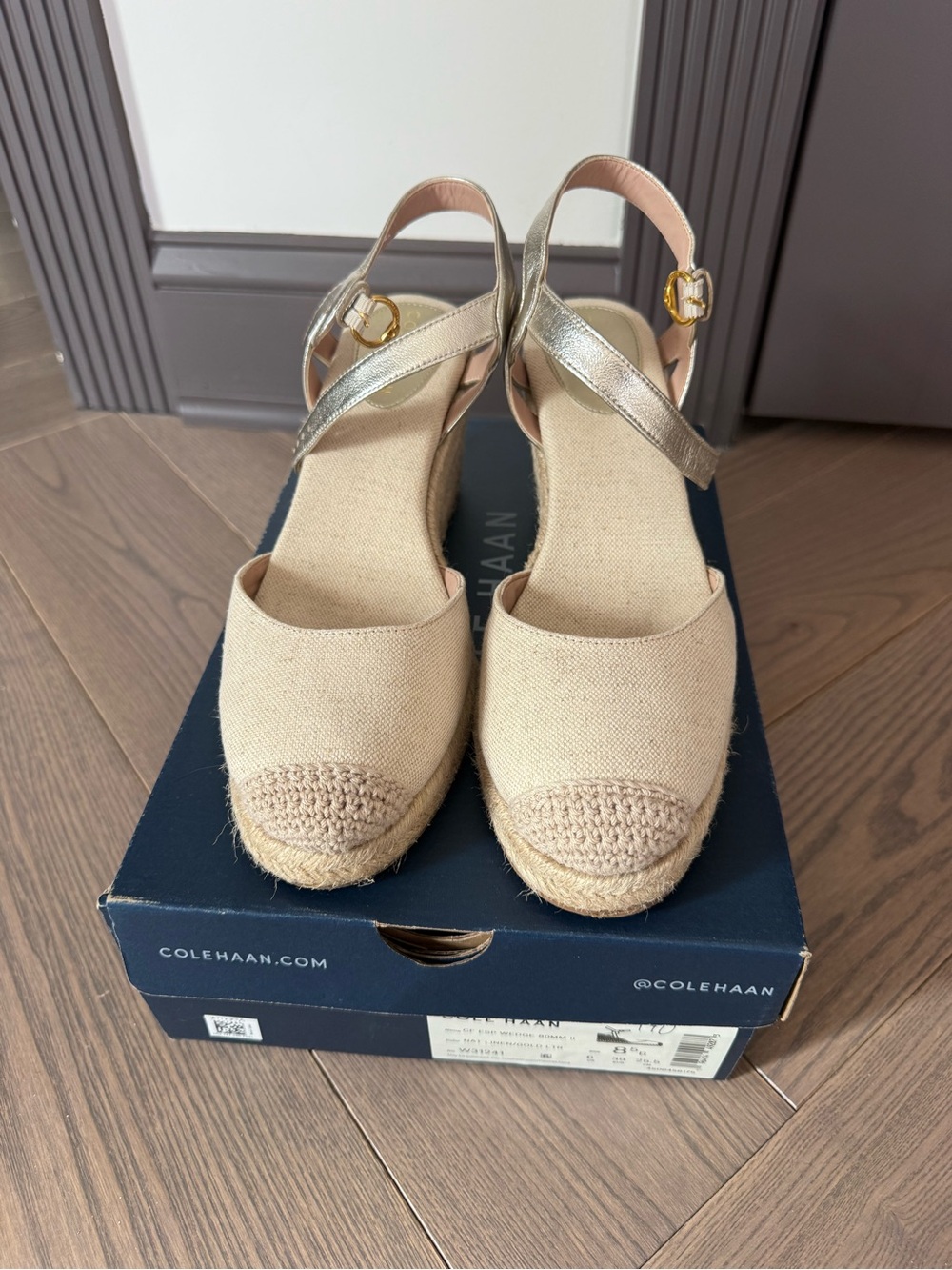 Cole Haan Beige Canvas Espadrille Wedges with Gold Ankle Strap